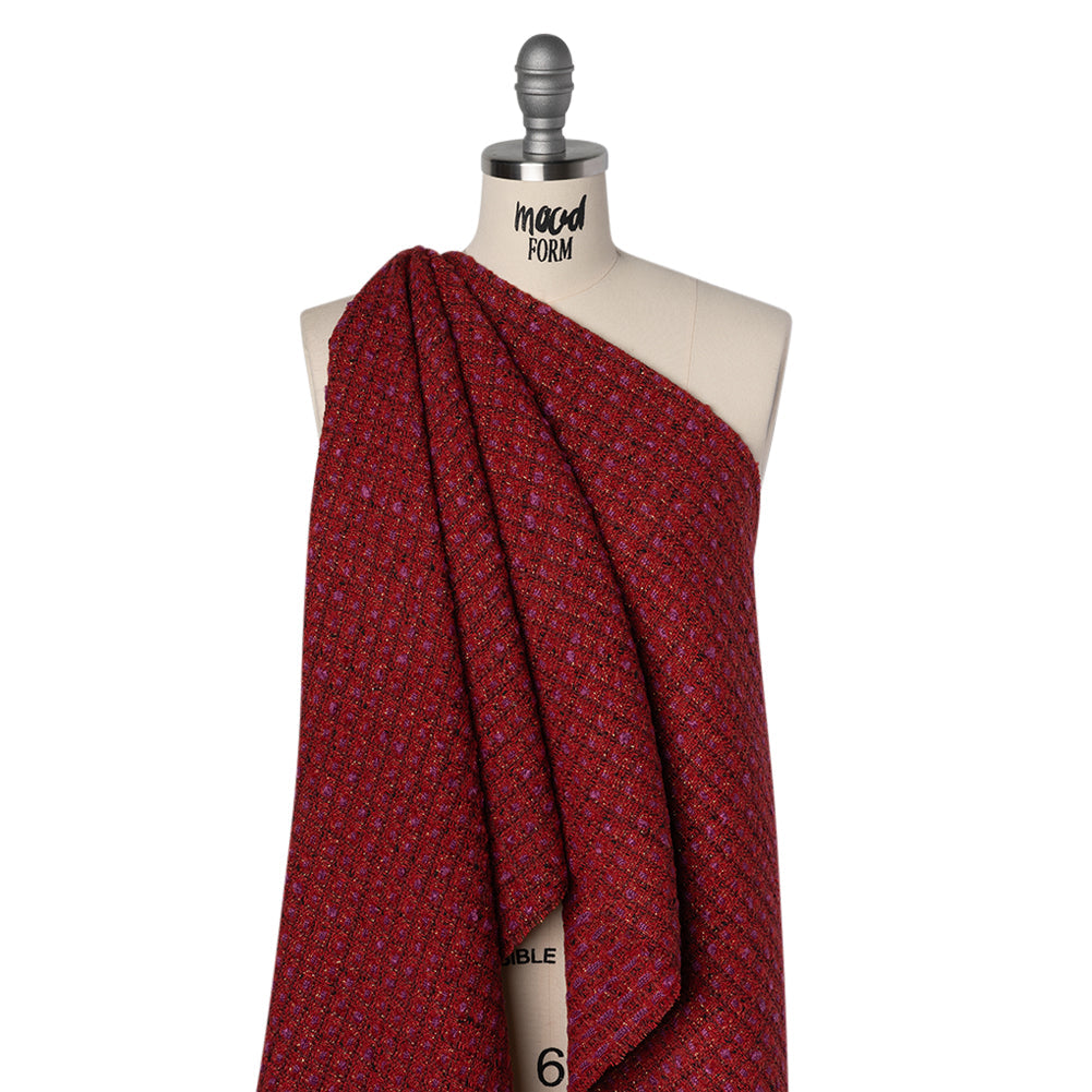 Wool Blend Tweed with Metallic Gold Accents - Red, Burgundy and Fuchsia Plaid