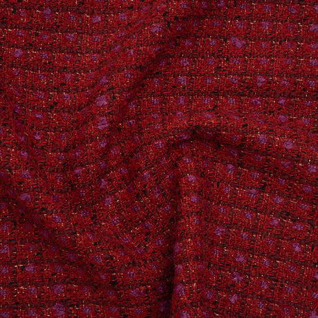 Wool Blend Tweed with Metallic Gold Accents - Red, Burgundy and Fuchsia Plaid