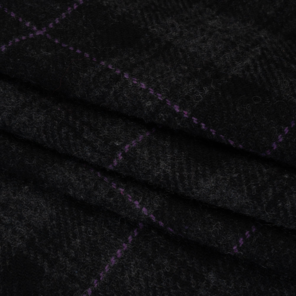 Wool Blend Twill Tweed - Black, Gray and Purple Plaid