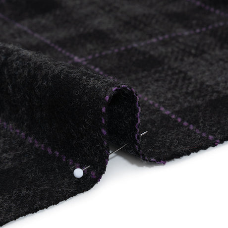 Wool Blend Twill Tweed - Black, Gray and Purple Plaid