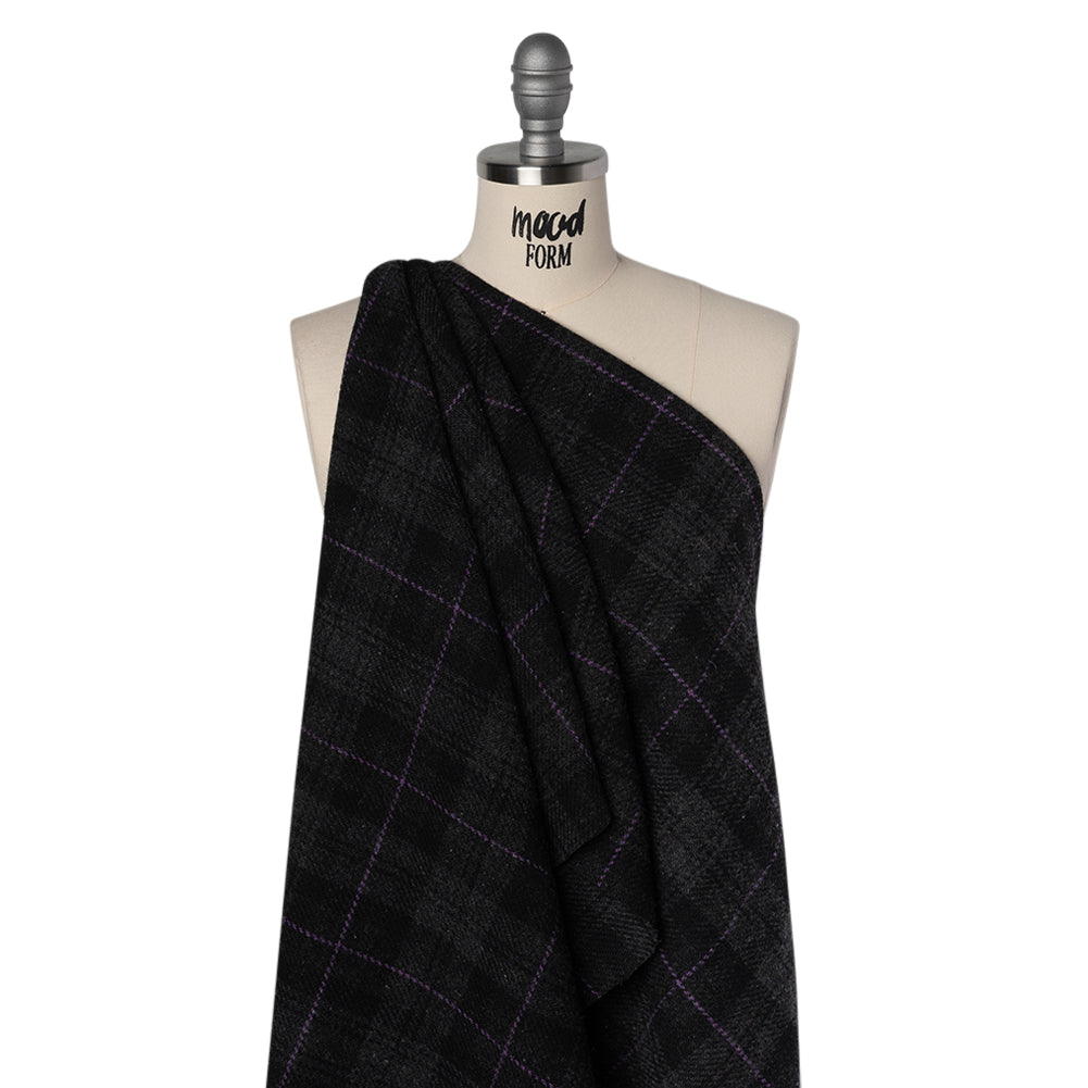 Wool Blend Twill Tweed - Black, Gray and Purple Plaid