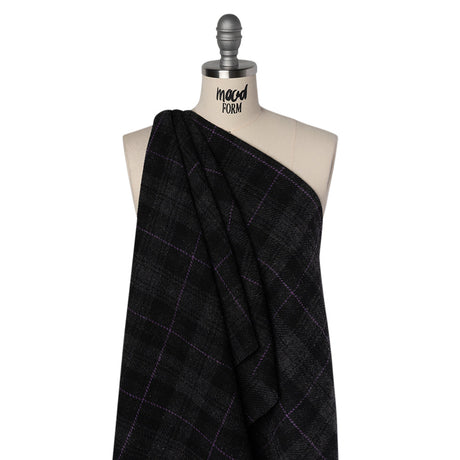 Wool Blend Twill Tweed - Black, Gray and Purple Plaid