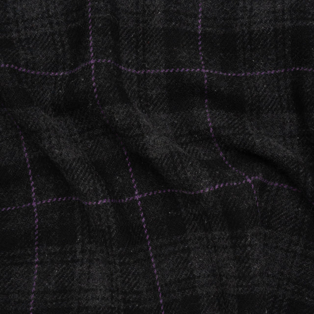 Wool Blend Twill Tweed - Black, Gray and Purple Plaid