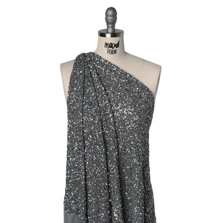 Recycled Polyester All-Over Circular Baby Sequins on Stretch Mesh - Silver - Divine Collection