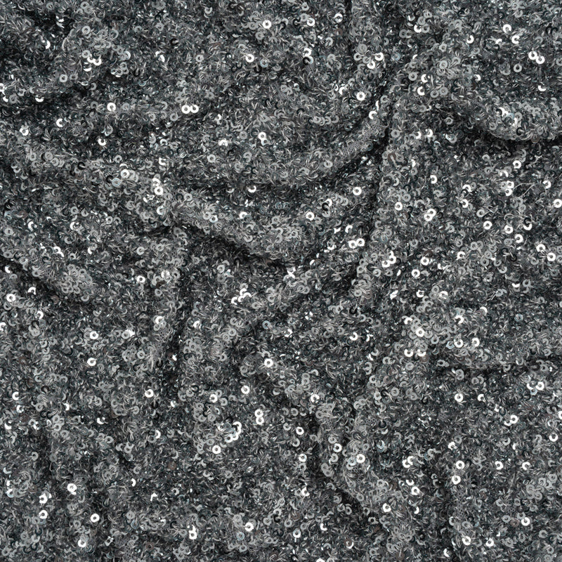 Recycled Polyester All-Over Circular Baby Sequins on Stretch Mesh - Silver - Divine Collection