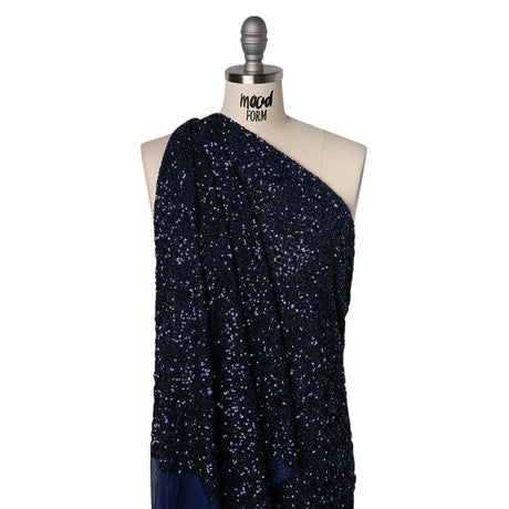 Recycled Polyester All-Over Circular Baby Sequins on Stretch Mesh - Navy - Divine Collection