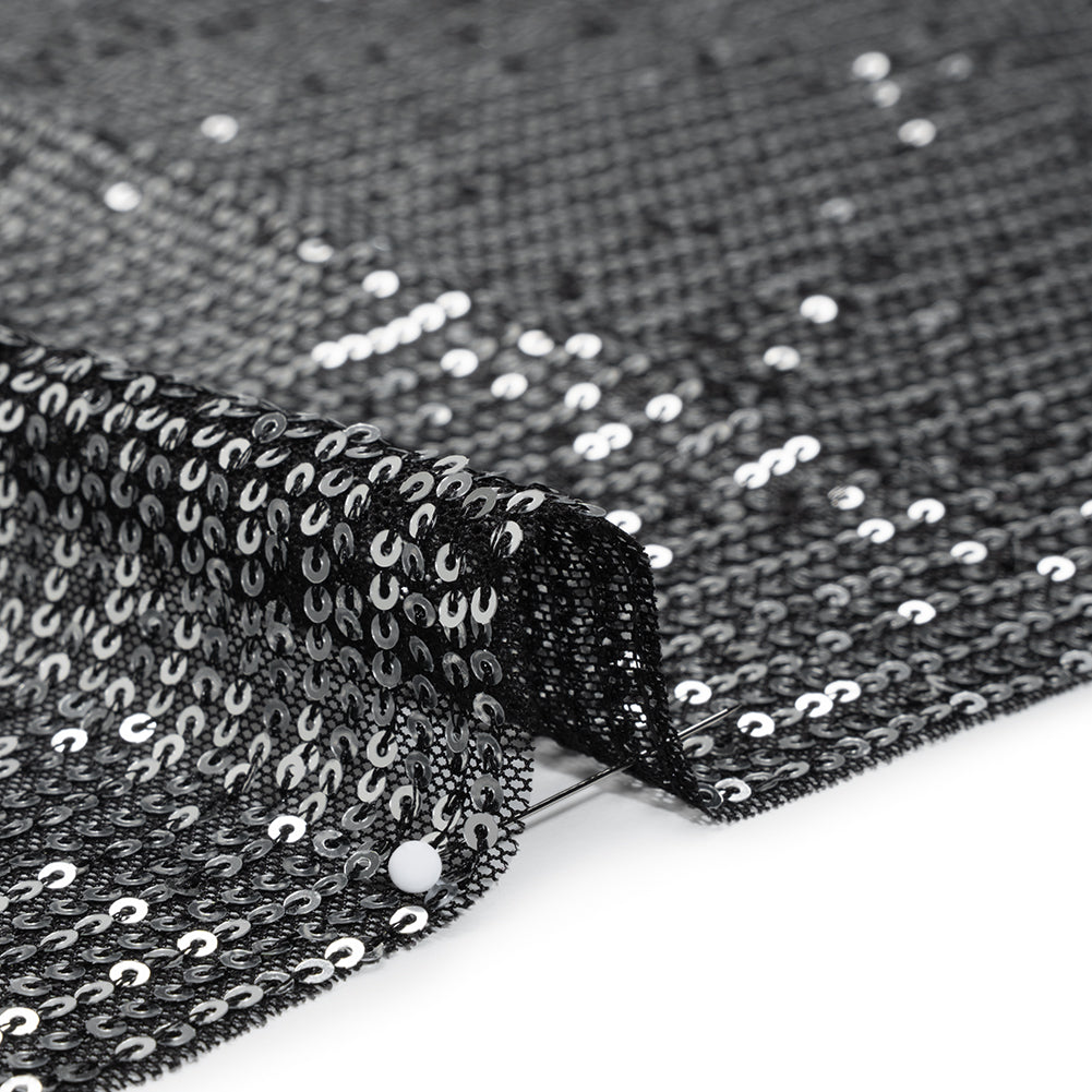 Recycled Polyester Circle Sequin Stripes on Stretch Mesh - Silver on Black - Transcendent Collection