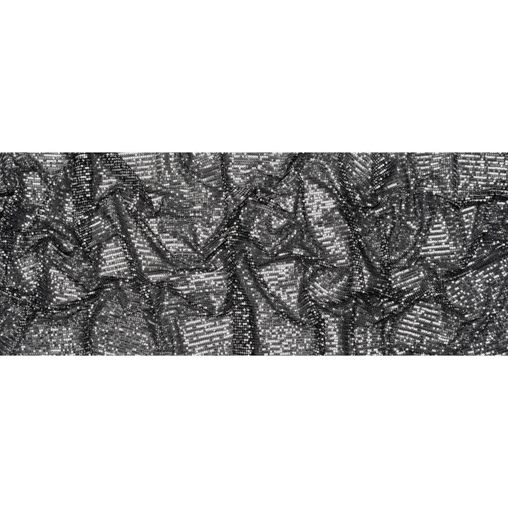 Recycled Polyester Circle Sequin Stripes on Stretch Mesh - Silver on Black - Transcendent Collection
