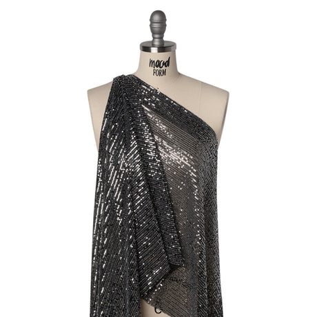 Recycled Polyester Circle Sequin Stripes on Stretch Mesh - Silver on Black - Transcendent Collection