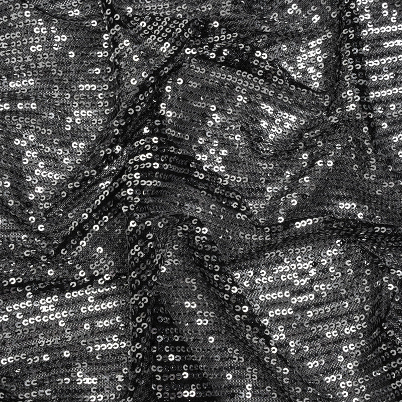 Recycled Polyester Circle Sequin Stripes on Stretch Mesh - Silver on Black - Transcendent Collection