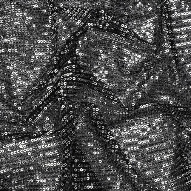Recycled Polyester Circle Sequin Stripes on Stretch Mesh - Silver on Black - Transcendent Collection