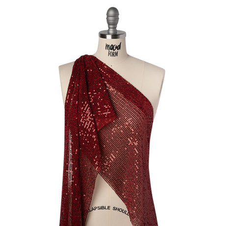 Recycled Polyester Circle Sequin Stripes on Stretch Mesh - Tango Red - Transcendent Collection