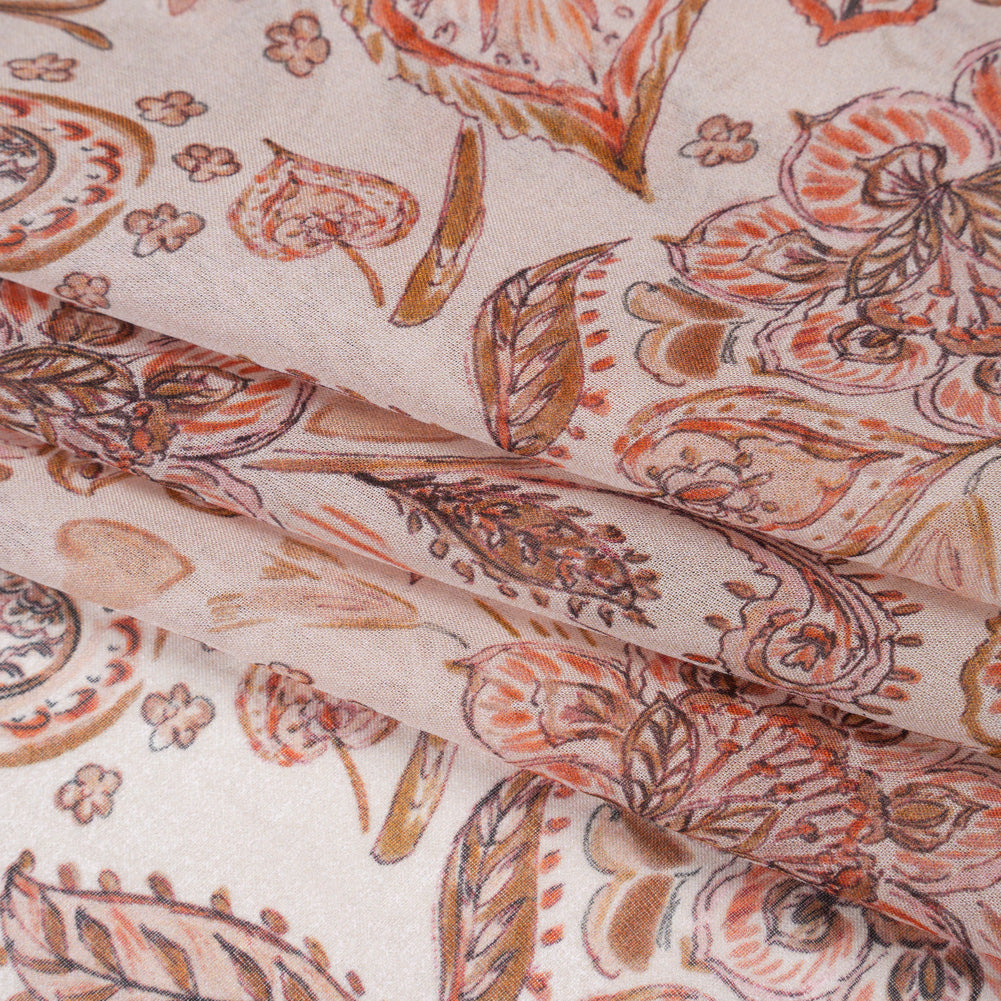 Silk Voile Print - Dusty Rose, Cream and Tan Paisleys and Flowers - Deadstock