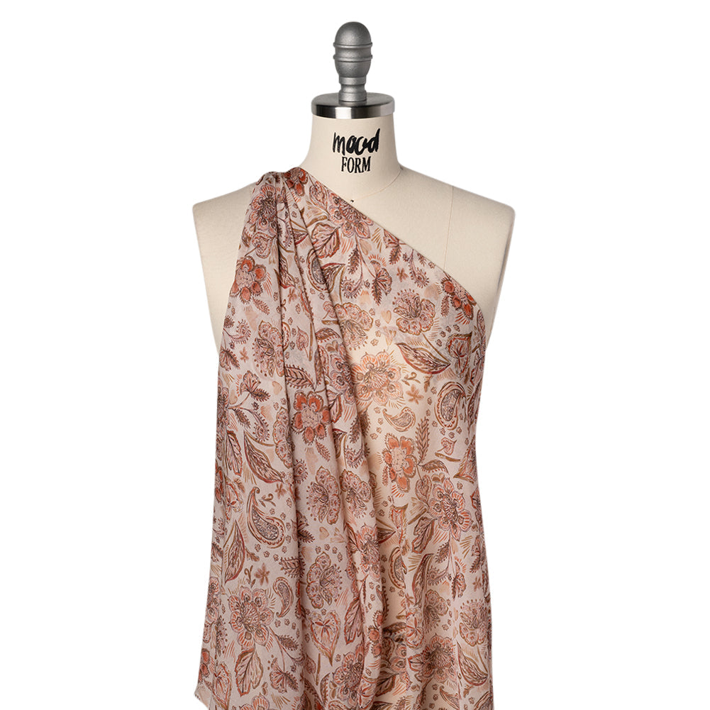 Silk Voile Print - Dusty Rose, Cream and Tan Paisleys and Flowers - Deadstock