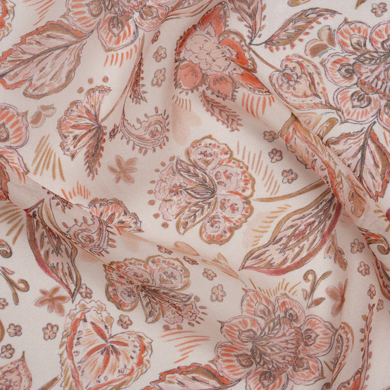 Silk Voile Print - Dusty Rose, Cream and Tan Paisleys and Flowers - Deadstock