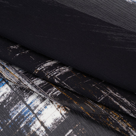 Crinkled Silk Chiffon Print - Black, Blue and White Brushy Plaid - Deadstock