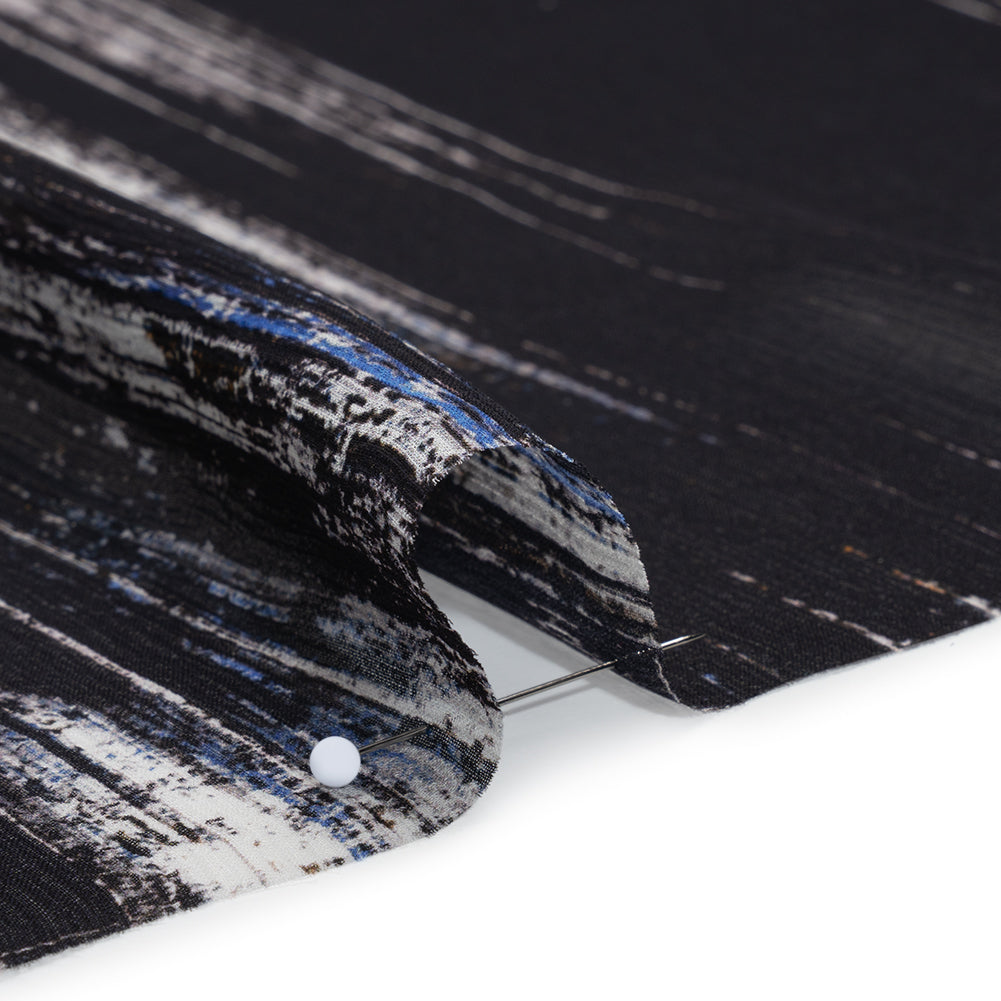 Crinkled Silk Chiffon Print - Black, Blue and White Brushy Plaid - Deadstock