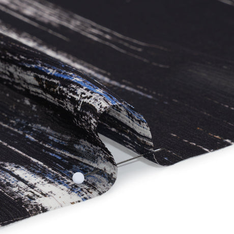 Crinkled Silk Chiffon Print - Black, Blue and White Brushy Plaid - Deadstock