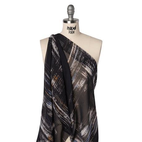 Crinkled Silk Chiffon Print - Black, Blue and White Brushy Plaid - Deadstock