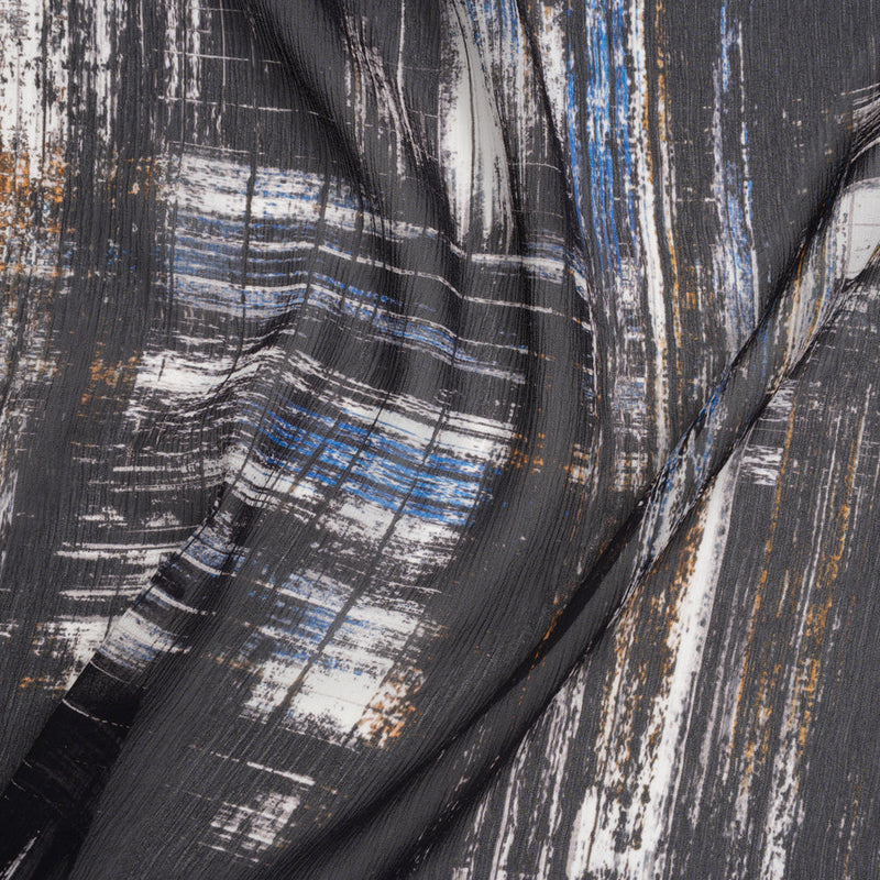Crinkled Silk Chiffon Print - Black, Blue and White Brushy Plaid - Deadstock