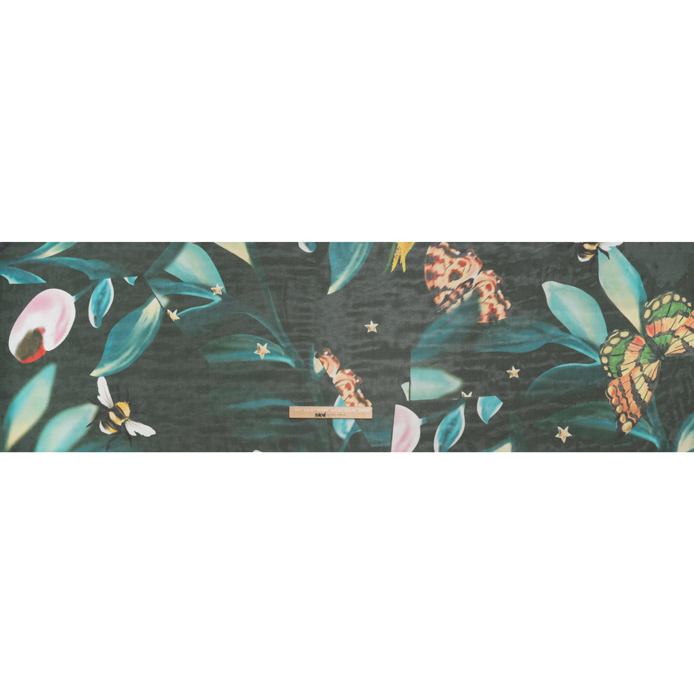 Silk Voile Print - Deep Sea Green, Blue and Yellow Broken Floral with Bees and Butterflies - Deadstock