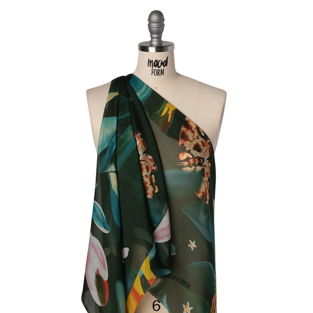 Silk Voile Print - Deep Sea Green, Blue and Yellow Broken Floral with Bees and Butterflies - Deadstock