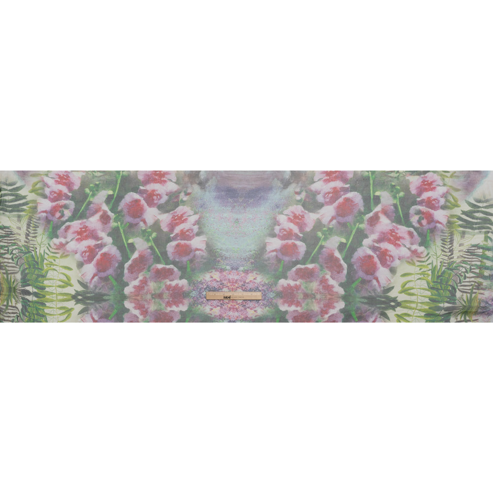 Crinkled Silk Chiffon Print - Green and Pink Ferns and Painterly Flowers Borders - Deadstock
