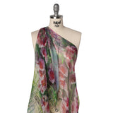 Crinkled Silk Chiffon Print - Green and Pink Ferns and Painterly Flowers Borders - Deadstock