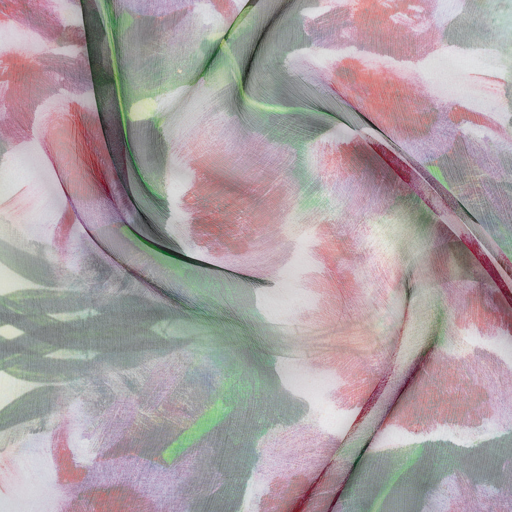 Crinkled Silk Chiffon Print - Green and Pink Ferns and Painterly Flowers Borders - Deadstock