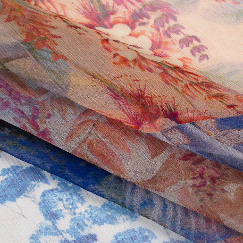 Crinkled Silk Chiffon Print - Red, Yellow and Blue Butterflies, Birds and Floral Patchwork - Deadstock