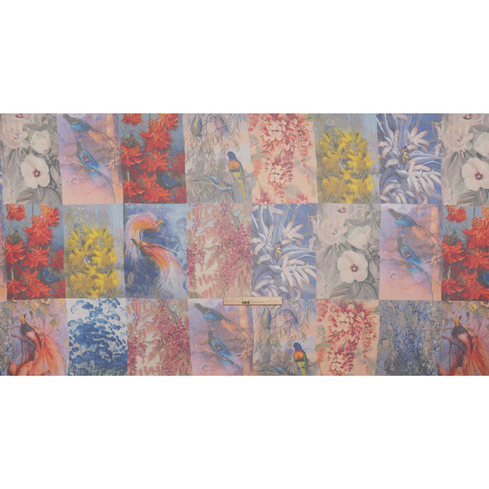 Crinkled Silk Chiffon Print - Red, Yellow and Blue Butterflies, Birds and Floral Patchwork - Deadstock