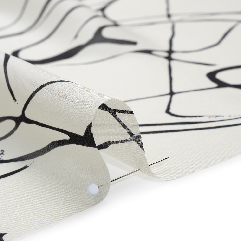 Silk Voile Print - Off White and Black Squiggles - Deadstock