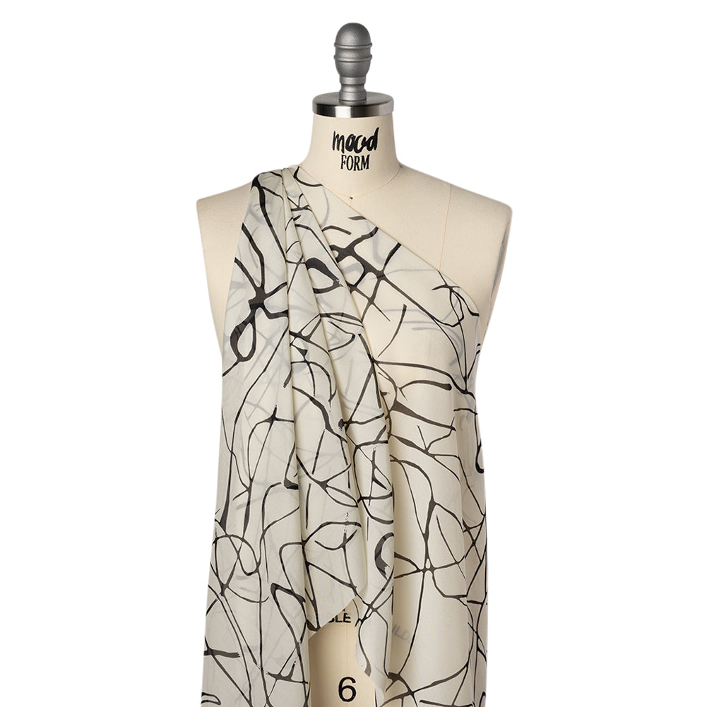 Silk Voile Print - Off White and Black Squiggles - Deadstock
