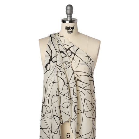 Silk Voile Print - Off White and Black Squiggles - Deadstock