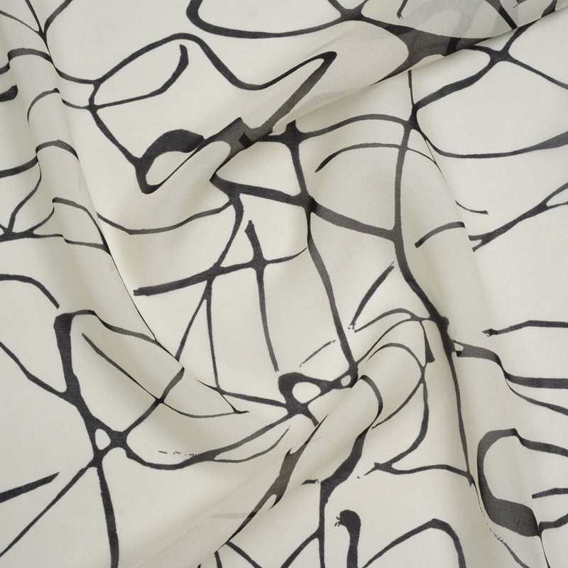 Silk Voile Print - Off White and Black Squiggles - Deadstock