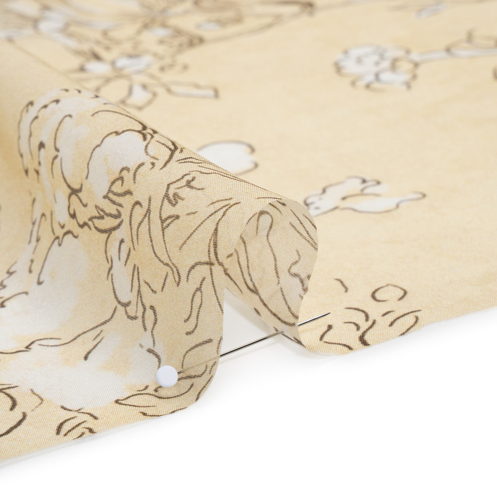 Silk Voile Print - Yellow-Beige, White and Charcoal Illustrated Flowers and Animals - Deadstock