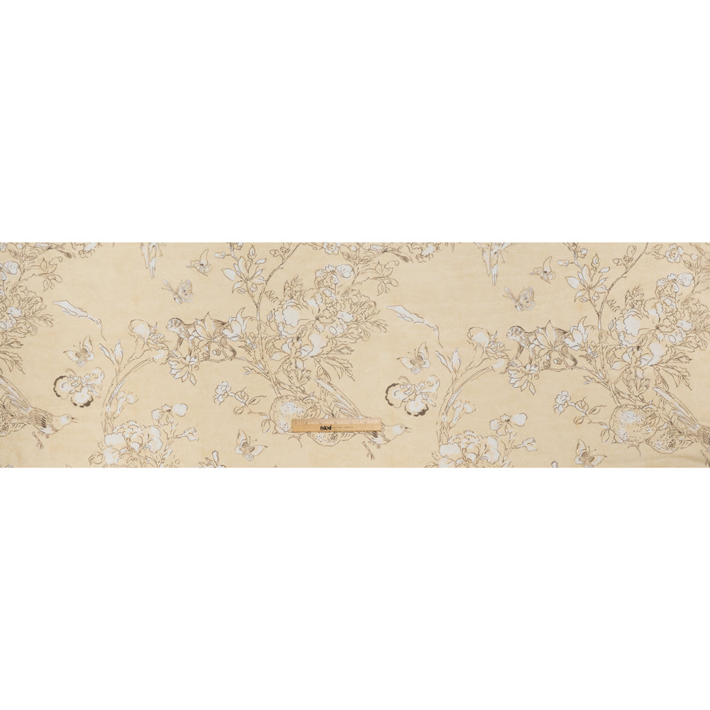 Silk Voile Print - Yellow-Beige, White and Charcoal Illustrated Flowers and Animals - Deadstock