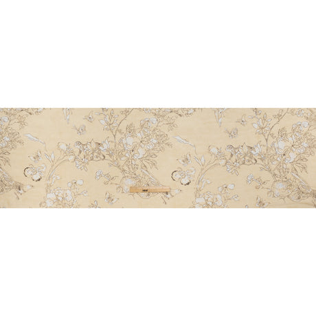 Silk Voile Print - Yellow-Beige, White and Charcoal Illustrated Flowers and Animals - Deadstock