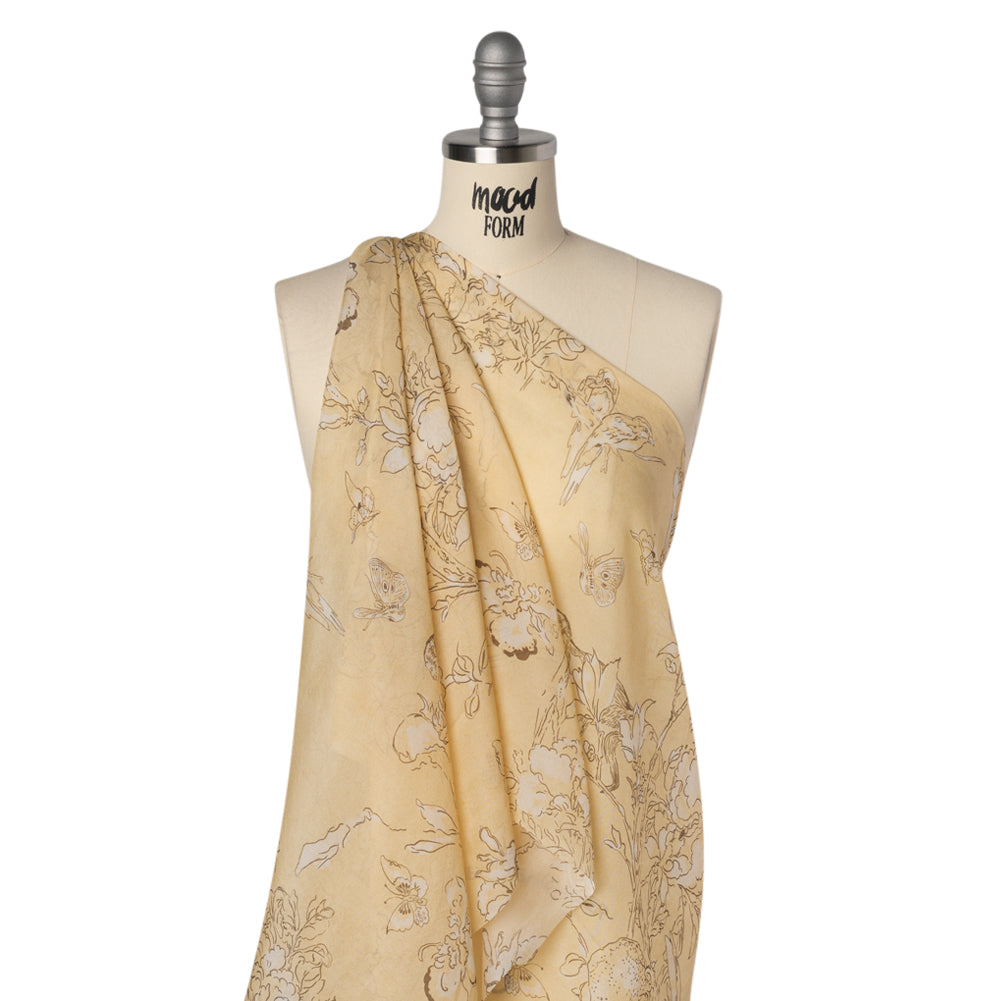 Silk Voile Print - Yellow-Beige, White and Charcoal Illustrated Flowers and Animals - Deadstock