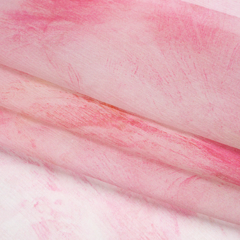 Crinkled Silk Chiffon Print - Pale Pink and Magenta Abstract Brush Strokes - Deadstock