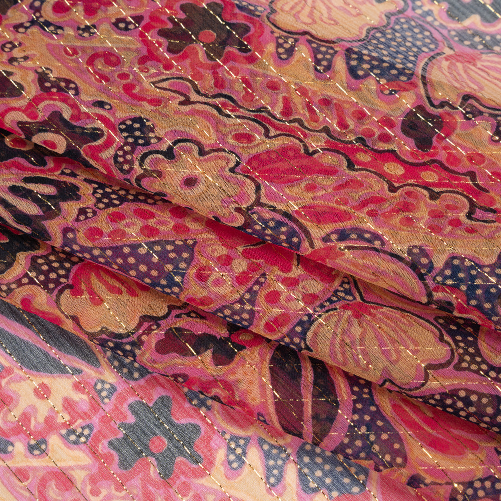 Crinkled Silk Chiffon Print with Metallic Gold Pinstripes - Pink, Navy, and Yellow-Beige Floral - Deadstock