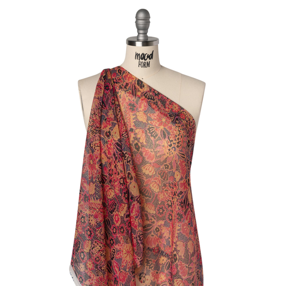 Crinkled Silk Chiffon Print with Metallic Gold Pinstripes - Pink, Navy, and Yellow-Beige Floral - Deadstock
