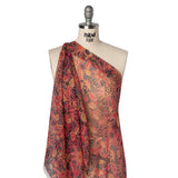 Crinkled Silk Chiffon Print with Metallic Gold Pinstripes - Pink, Navy, and Yellow-Beige Floral - Deadstock