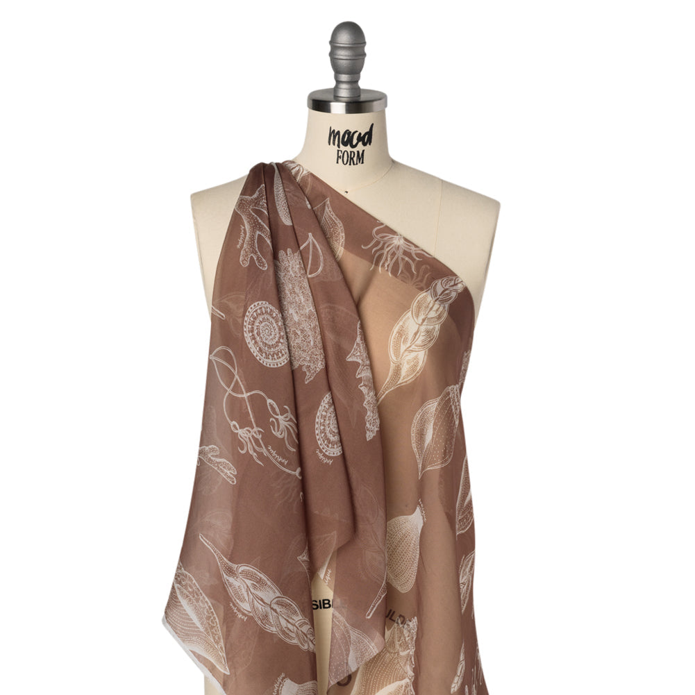Silk Voile Print - Brown and White Sea Creatures and Shells - Deadstock