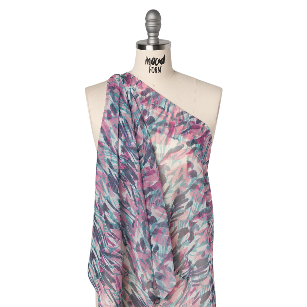 Crinkled Silk Chiffon Print - Pink, Navy, and Teal Abstract - Deadstock