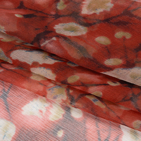 Crinkled Silk Chiffon Print - Red, White and Black Painterly Flowering Branches - Deadstock