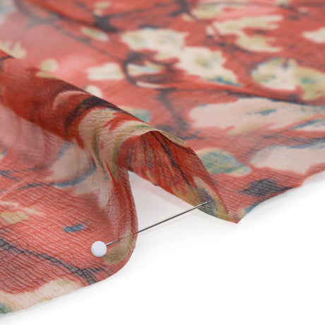 Crinkled Silk Chiffon Print - Red, White and Black Painterly Flowering Branches - Deadstock