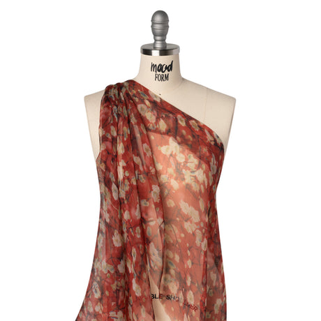 Crinkled Silk Chiffon Print - Red, White and Black Painterly Flowering Branches - Deadstock