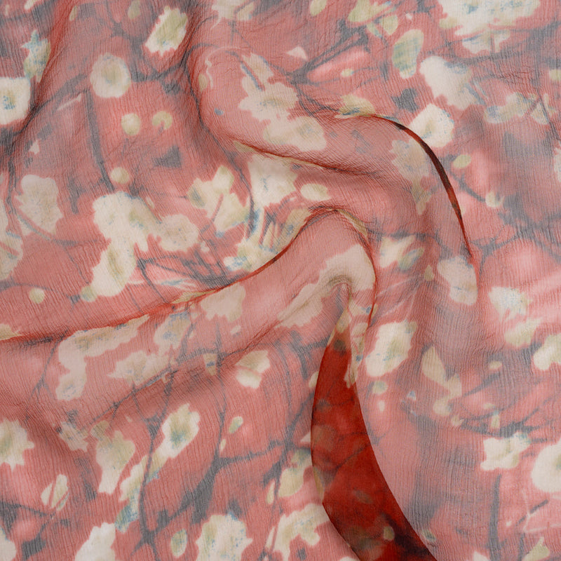Crinkled Silk Chiffon Print - Red, White and Black Painterly Flowering Branches - Deadstock