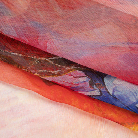 Crinkled Silk Chiffon Panel - Yellow, Peach and Red Floral Medallion Sunrise - Deadstock